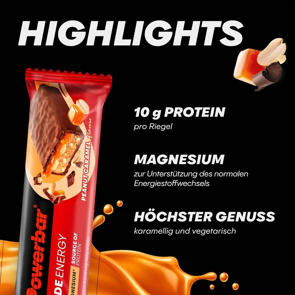PowerBar Ride Energy Riegel, Peanut Caramel. 10g Protein. Magnesium. Karamellig und vegetarisch. Schwarzer Hintergrund.