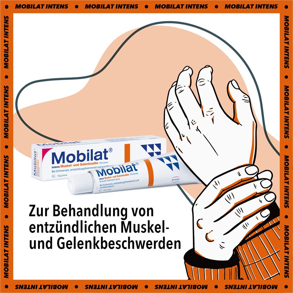 Illustration einer Hand, die ein Handgelenk umfasst. Im Hintergrund: Tube und Schachtel mit Mobilat-Logo. Text: Zur Behandlung von entzündlichen Muskel- und Gelenkbeschwerden.