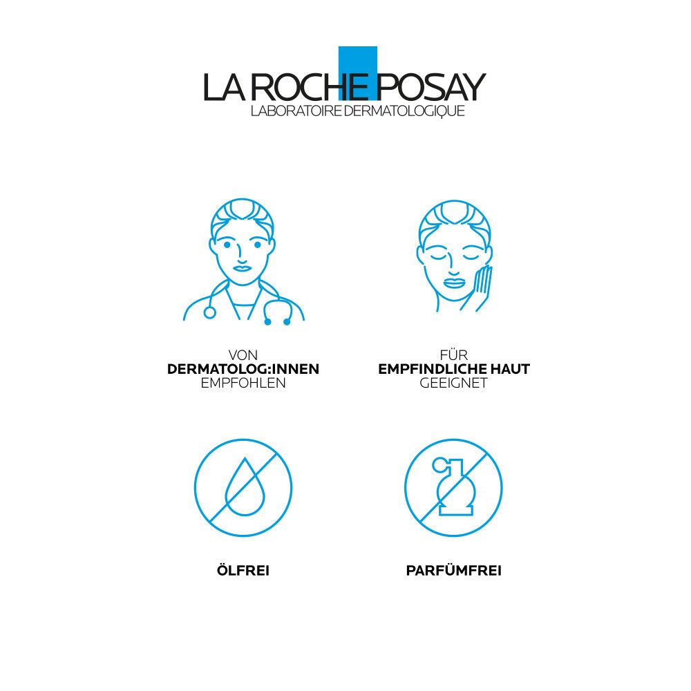 La Roche-Posay Logo. Piktogramme: Von Dermatologen empfohlen, für empfindliche Haut geeignet, ölfrei, parfümfrei.