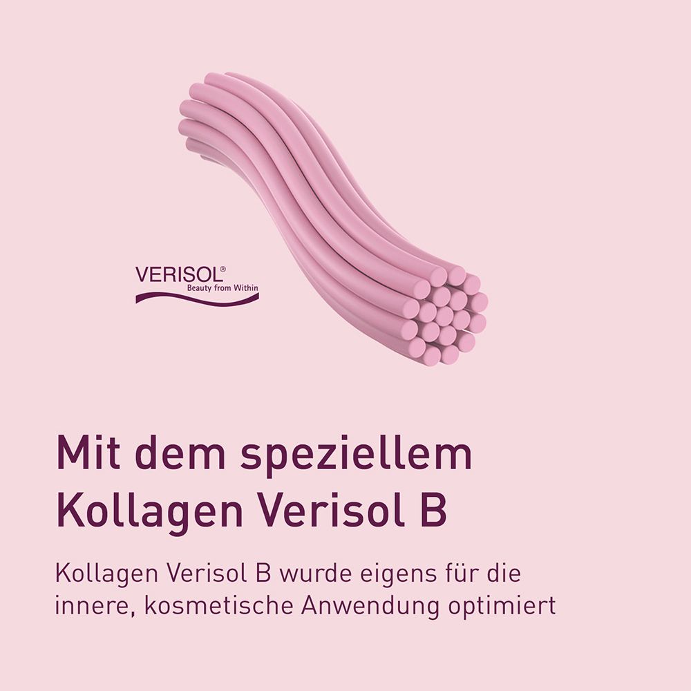 Rosa Stränge, Text: "Mit dem speziellem Kollagen Verisol B". Logo: VERISOL Beauty from Within.