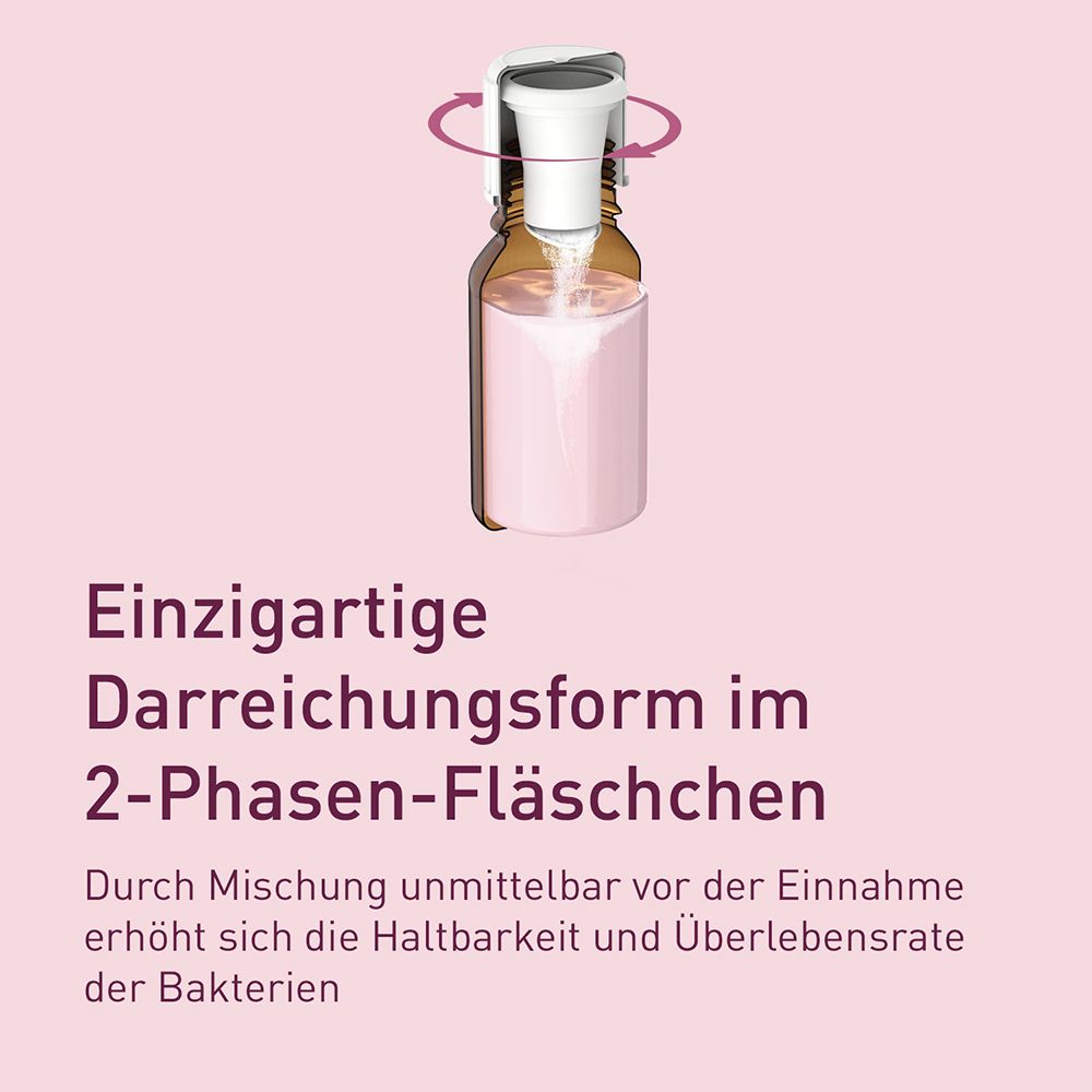 Braune Flasche mit weißem Deckel. Text: "Einzigartige Darreichungsform im 2-Phasen-Fläschchen".