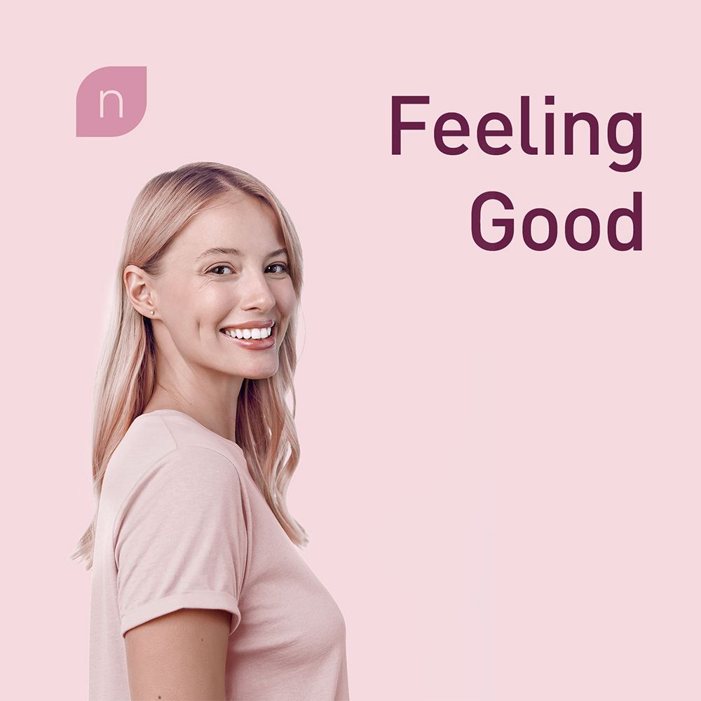 Porträt einer lächelnden Frau. Text: "Feeling Good". Logo: "n".