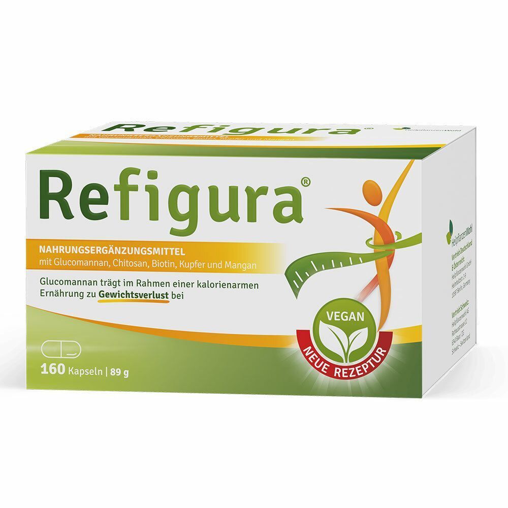 Refigura® Kapseln-Packung. Enthält 160 Kapseln. Mit Glucomannan, Chitosan, Biotin, Kupfer und Mangan. Vegan. Neue Rezeptur.
