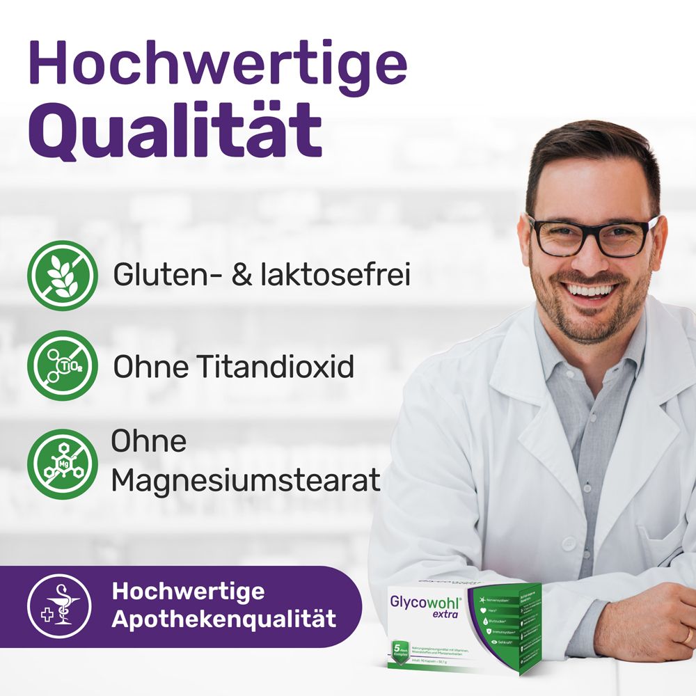 Glycowohl® extra: Hochwertige Apothekenqualität, gluten- & laktosefrei, ohne Titandioxid, ohne Magnesiumstearat.