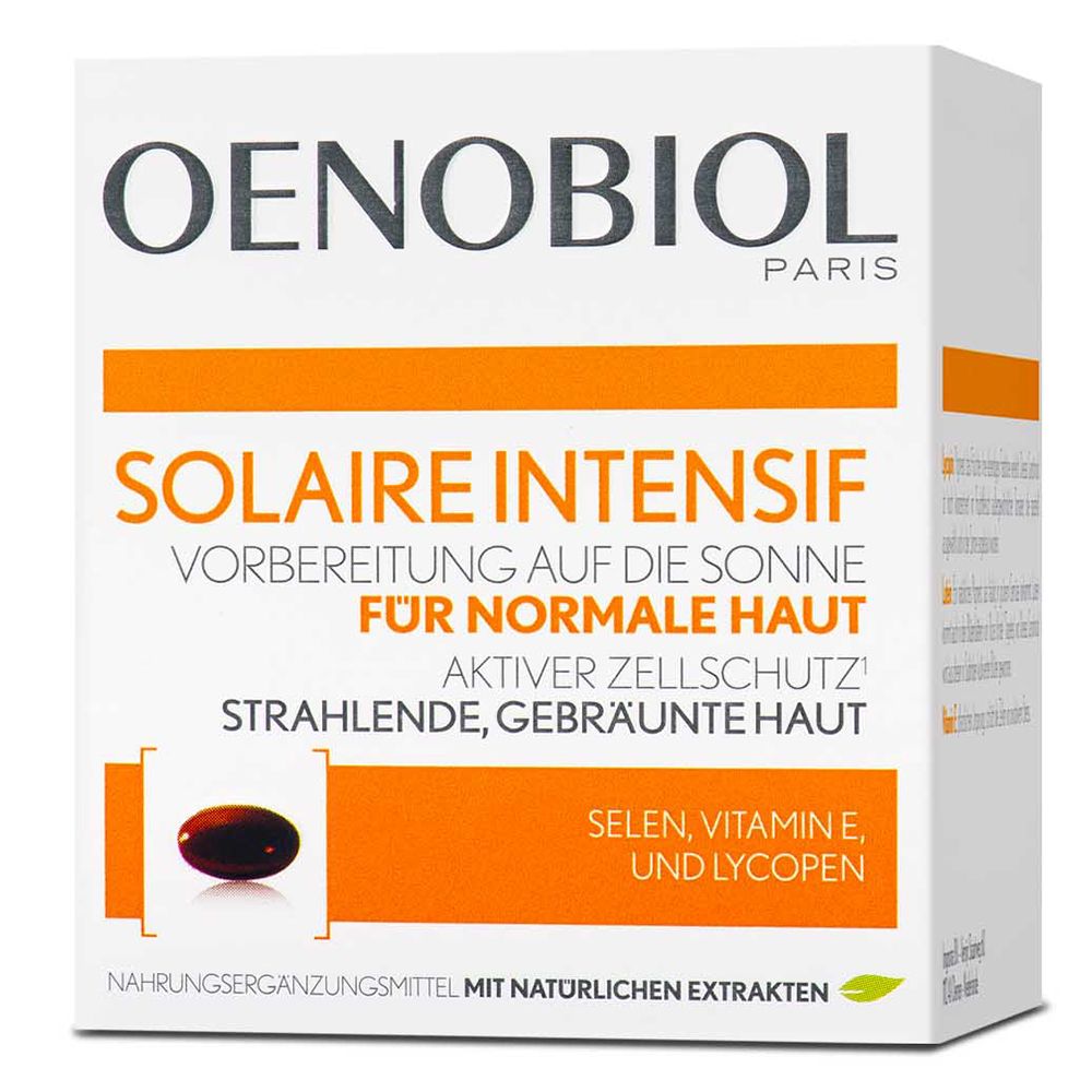 Weiße Schachtel mit OENOBIOL-Logo und Produktnamen. Enthält Kapsel-Abbildung und Text: Solaire Intensif für normale Haut.