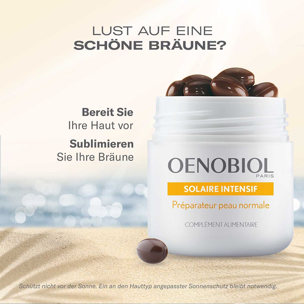 Weißes Produktglas mit Kapseln. OENOBIOL Solaire Intensif. Text: Lust auf eine schöne Bräune? Bereiten Sie Ihre Haut vor.