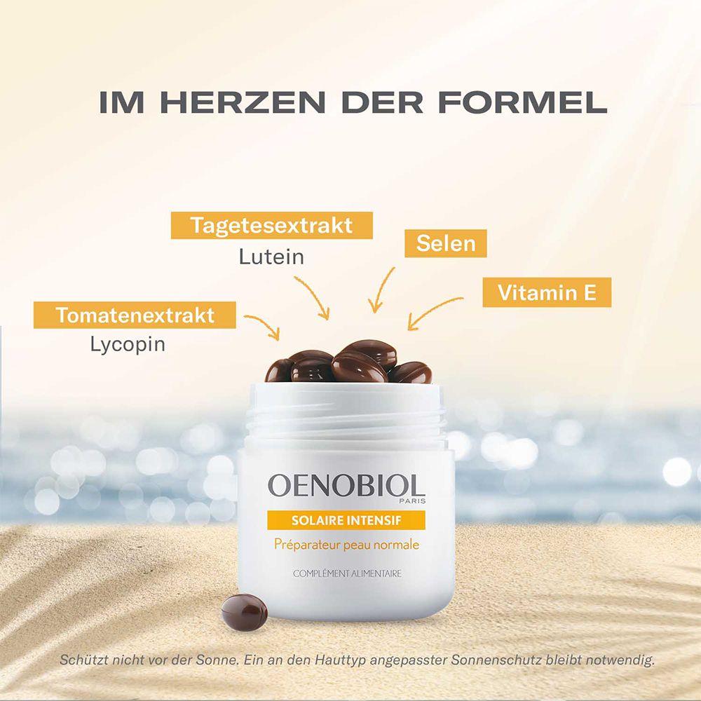Produktglas mit Kapseln. OENOBIOL Solaire Intensif. Text: Im Herzen der Formel. Inhaltsstoffe: Tagetesextrakt, Lycopin, Selen, Vitamin E.