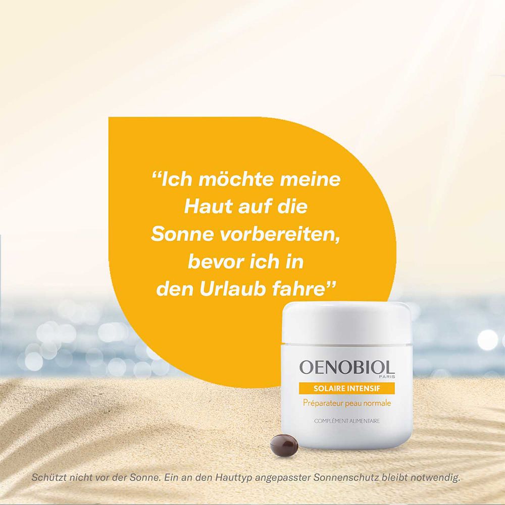 Produktglas mit Kapsel. OENOBIOL Solaire Intensif. Text: Ich möchte meine Haut auf die Sonne vorbereiten, bevor ich in den Urlaub fahre.