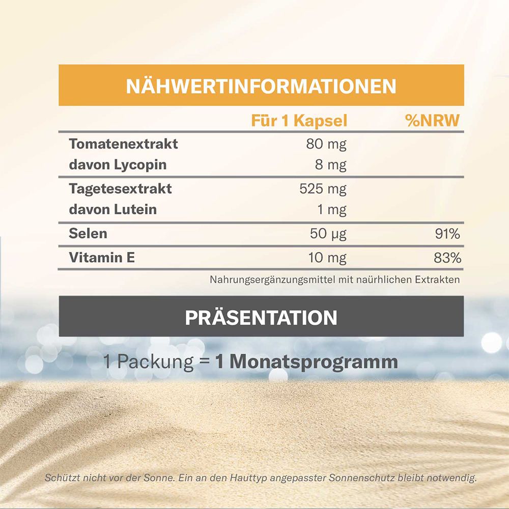 Nährwertinformationen für 1 Kapsel. Enthält: Tomatenextrakt, Tagetesextrakt, Selen, Vitamin E. Präsentation: 1 Packung = 1 Monatsprogramm.