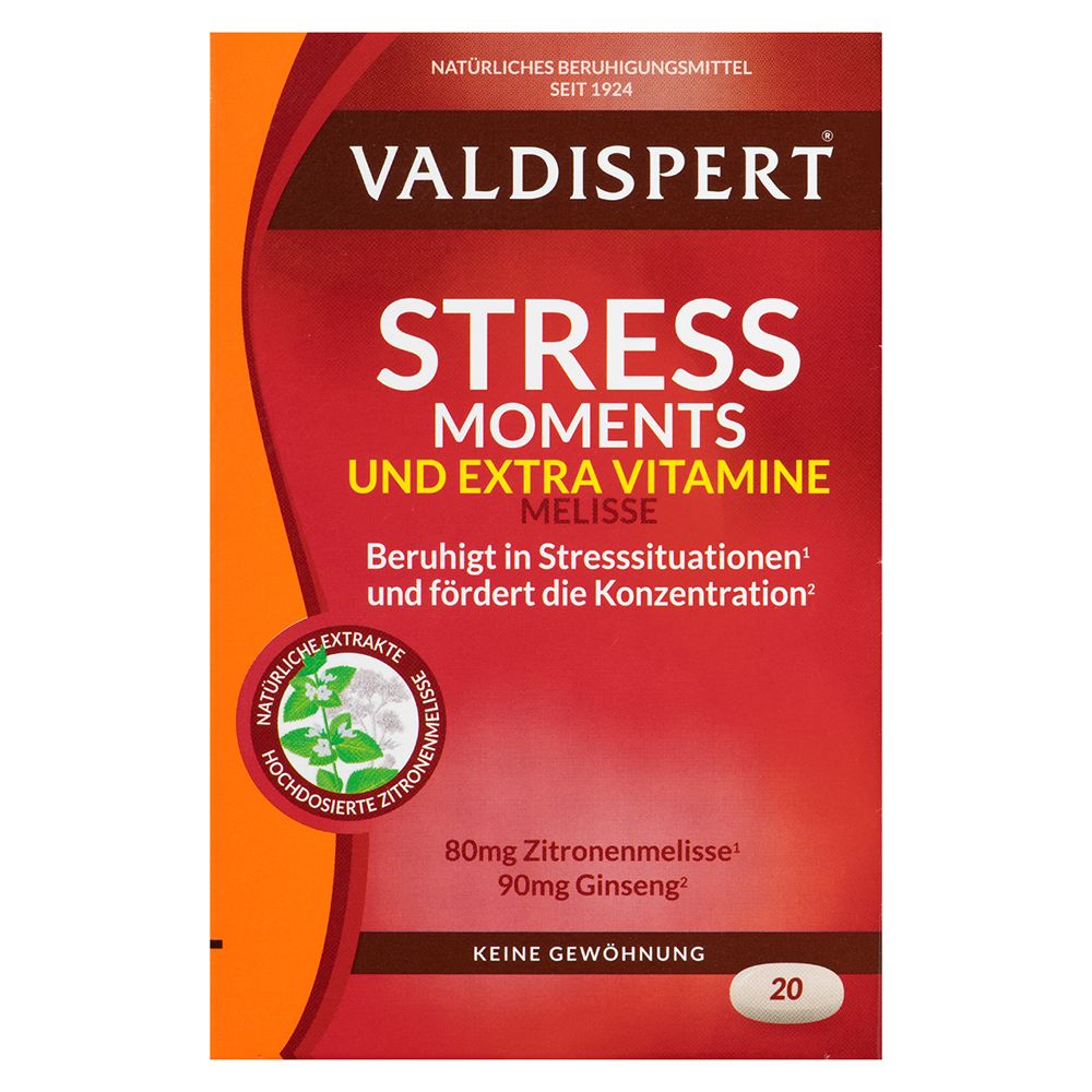 VALDISPERT® Stress Moments & Extravitamine Packung. Rote und orangefarbene Verpackung mit Produktnamen und Inhaltsangaben.