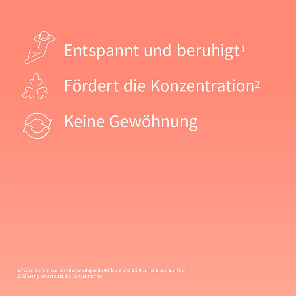 VALDISPERT® Stress Moments & Extravitamine. Entspannt, fördert Konzentration, keine Gewöhnung. Text auf rosa Hintergrund.