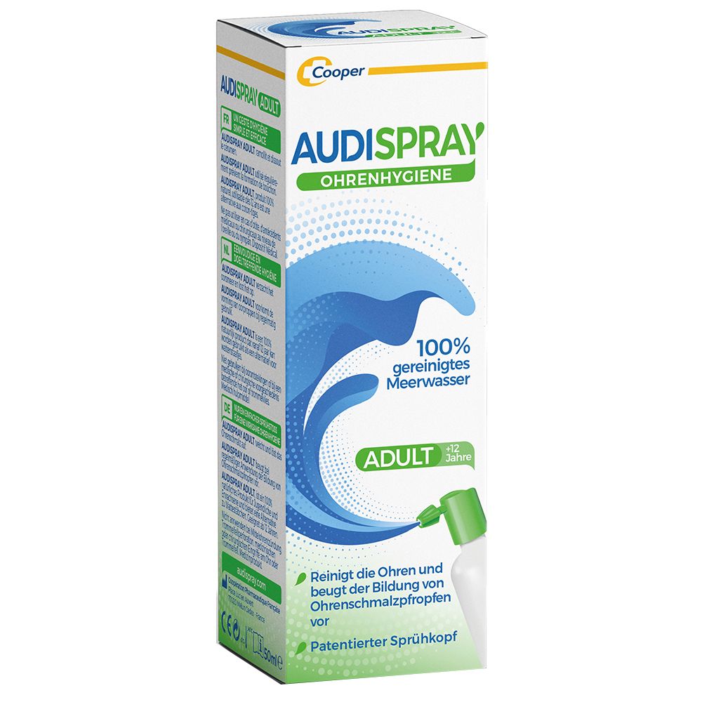 Audispray Adult-Verpackung. Weiße Flasche mit grünem Sprühkopf in einer Schachtel. Text: Audispray, Ohrenhygiene, 100% gereinigtes Meerwasser.