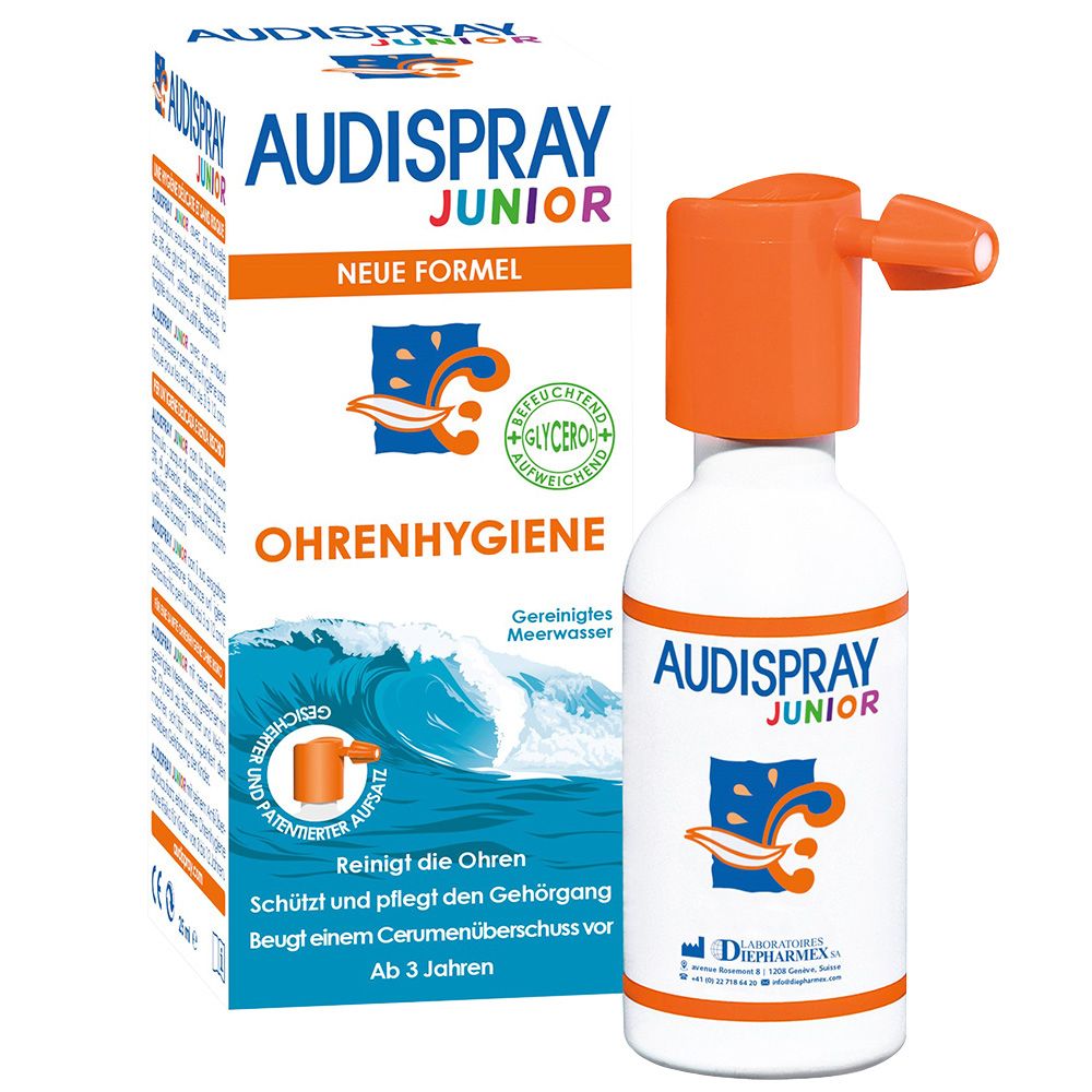 Weißes Fläschchen mit orangefarbenem Sprühkopf. Aufdruck: AUDISPRAY JUNIOR. Karton mit Produktinformationen und Logo.