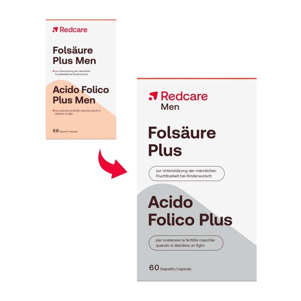 Verpackung Redcare Folsäure Plus Men. Aufschrift: Folsäure Plus, Acido Folico Plus. 60 Kapseln. Pfeil.
