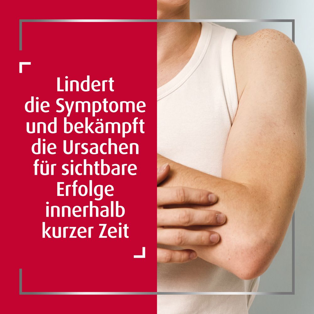 Text auf grauem Hintergrund: Lindert die Symptome und bekämpft die Ursachen für sichtbare Erfolge innerhalb kurzer Zeit.