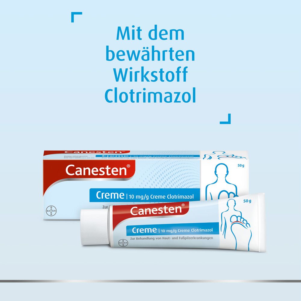 Canesten® Creme und Tube. Text: Mit dem bewährten Wirkstoff Clotrimazol. 10 mg/g Creme Clotrimazol. 50g Tube.