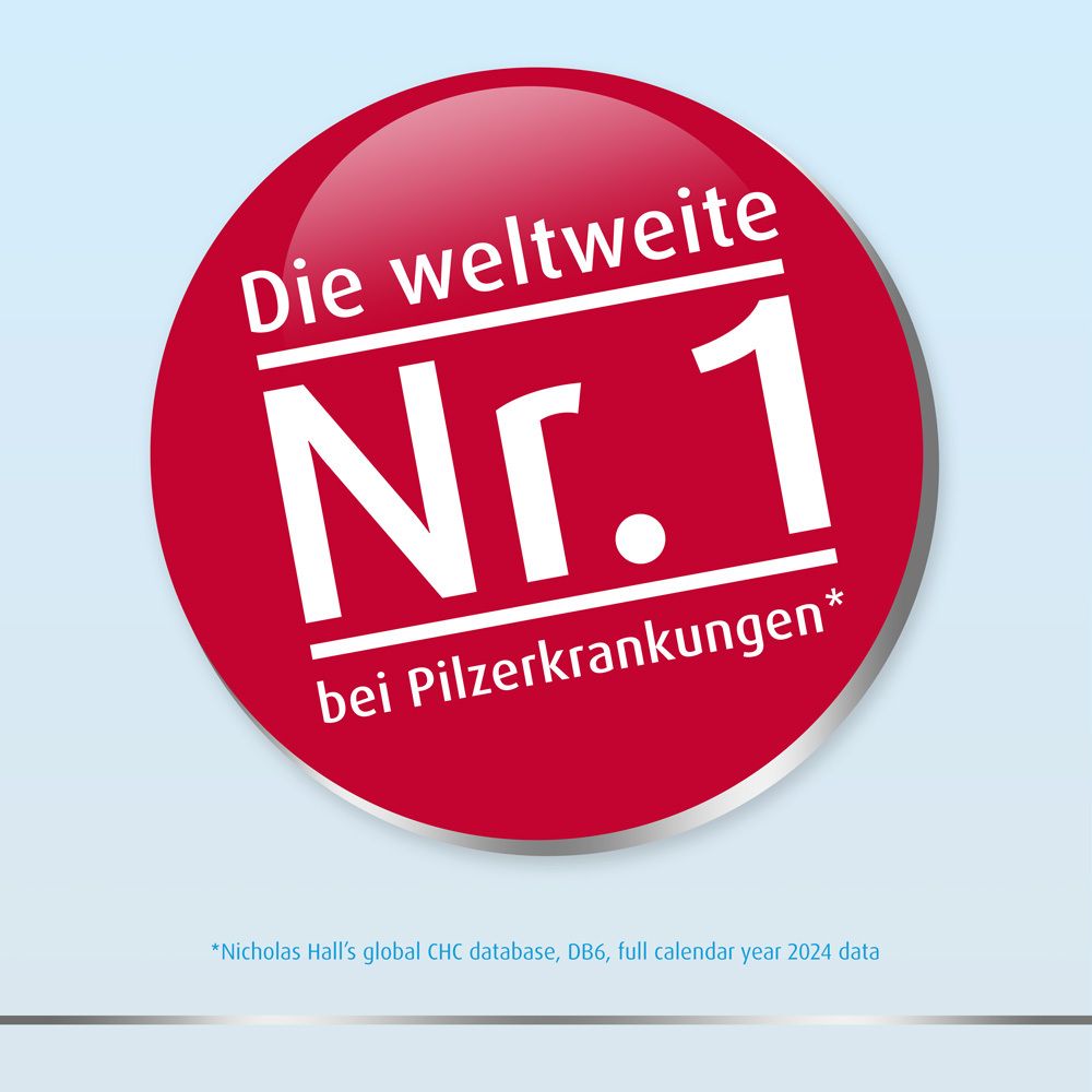 Roter Kreis mit Text: Die weltweite Nr. 1 bei Pilzerkrankungen.