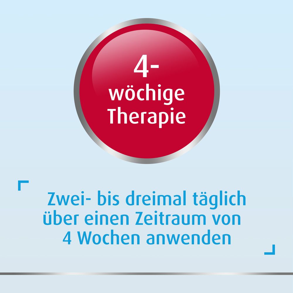 Roter Kreis mit Text: 4-wöchige Therapie. Anwendung: Zwei- bis dreimal täglich über einen Zeitraum von 4 Wochen anwenden.