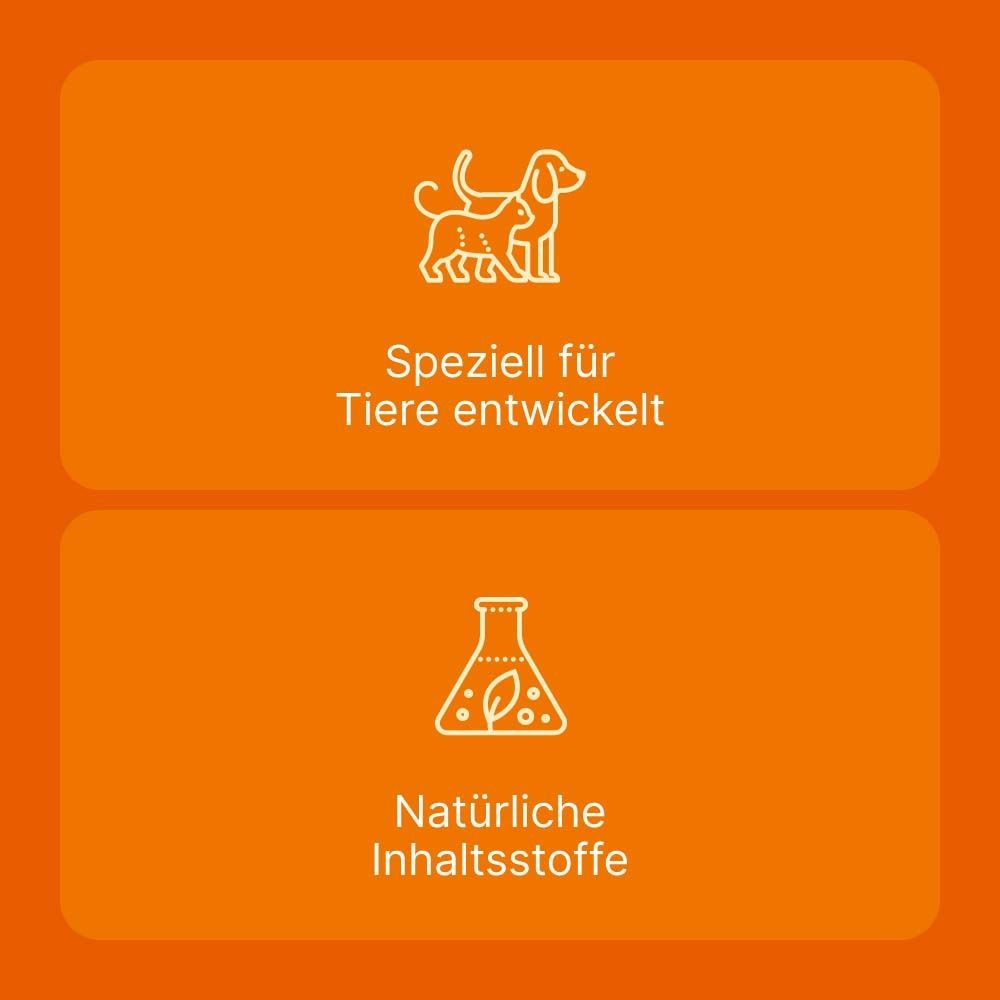 Zwei Textfelder auf orangefarbenem Hintergrund. Oben: Speziell für Tiere entwickelt. Unten: Natürliche Inhaltsstoffe.