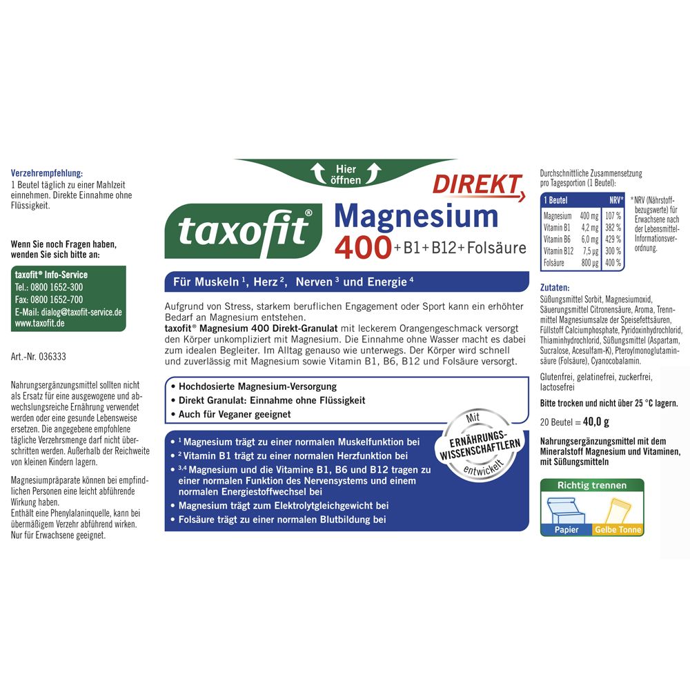 3x Taxofit Magnesium 400+B1+B6+B12+Folsäure 800 Gran. 3x20 St Granulat