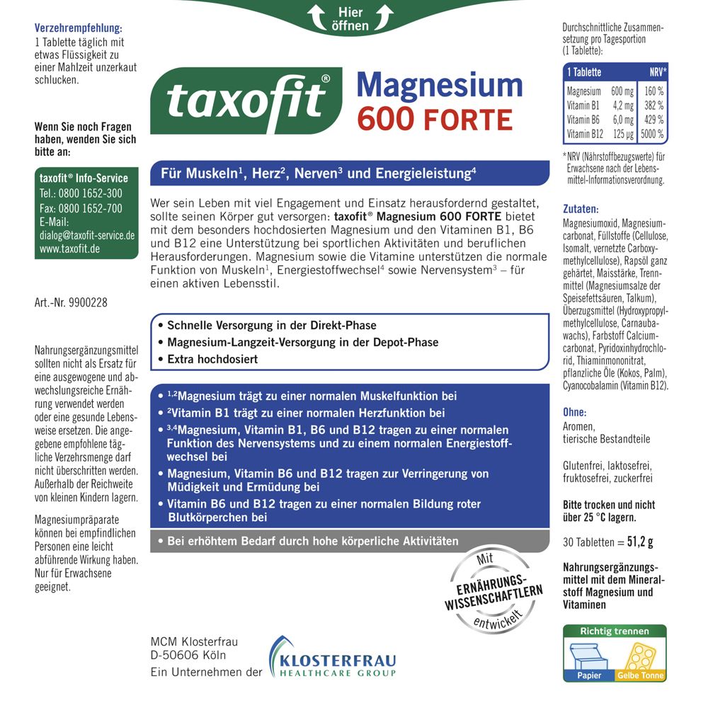 3x Taxofit Magnesium 600 Forte Depot Tabletten 3x30 St