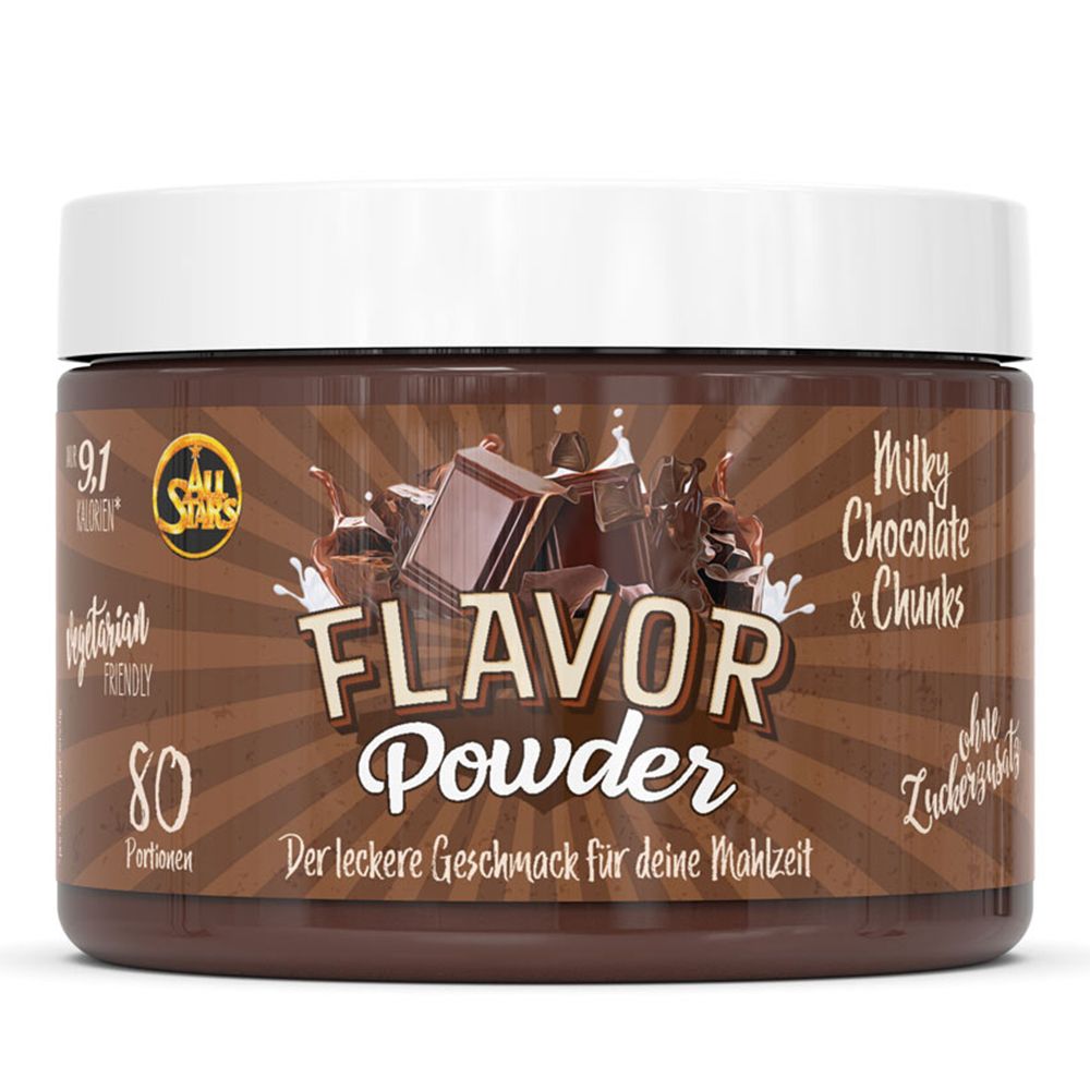 Braune Dose mit weißem Deckel. Aufschrift: Flavor Powder Milky Chocolate & Chunks. 80 Portionen. Ohne Zuckerzusatz.
