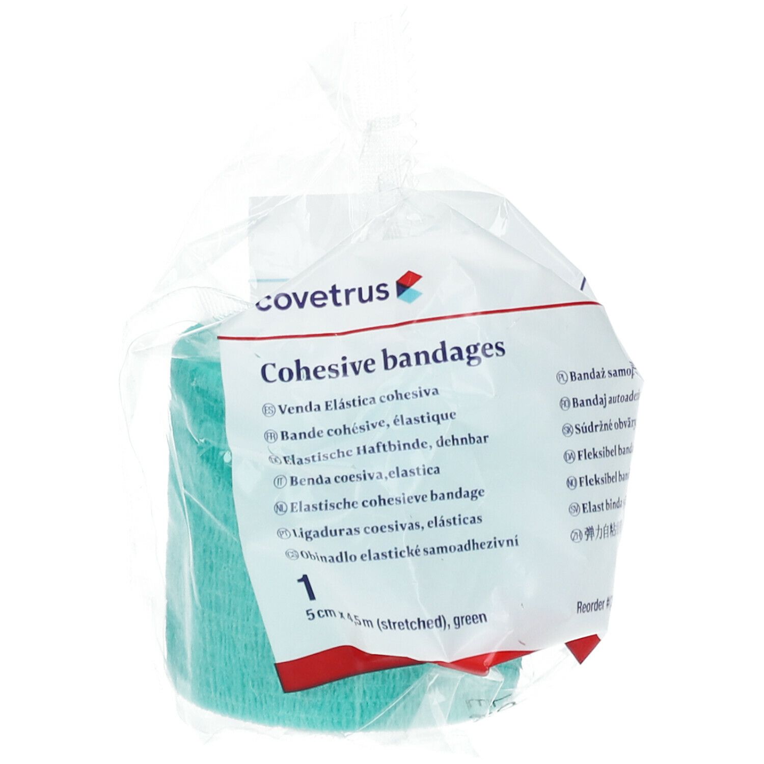 Grüne, elastische Kohäsivbinde in transparenter Verpackung. Aufdruck: covetrus, Cohesive bandages, 5cm x 4,5m (gestreckt), grün.