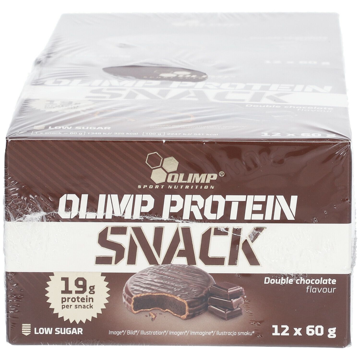 Karton OLIMP PROTEIN SNACK, Doppel-Schokoladen-Geschmack. 12 Riegel à 60g. 19g Protein pro Riegel. Niedriger Zuckergehalt.