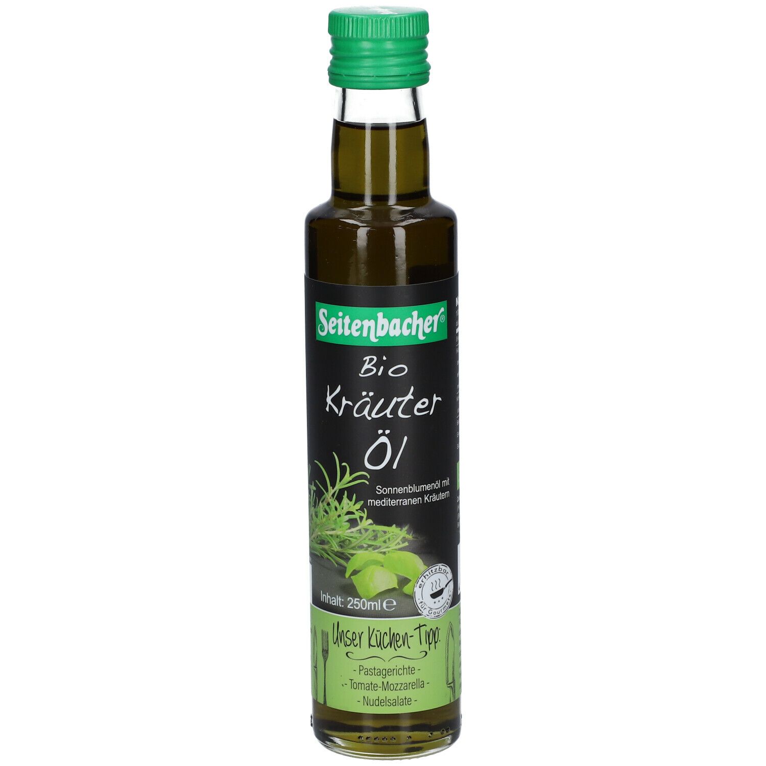 Grüne Glasflasche mit grünem Deckel. Etikett mit "Seitenbacher Bio Kräuteröl".