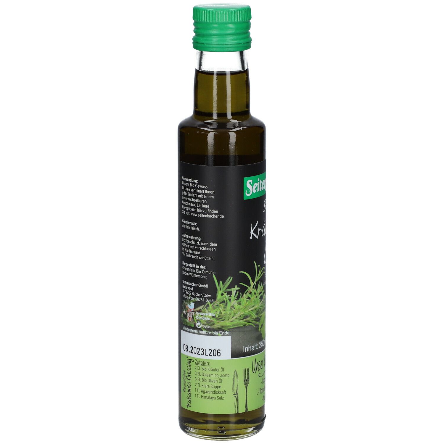 Grüne Glasflasche mit grünem Deckel. Etikett mit Text und Zutatenliste.