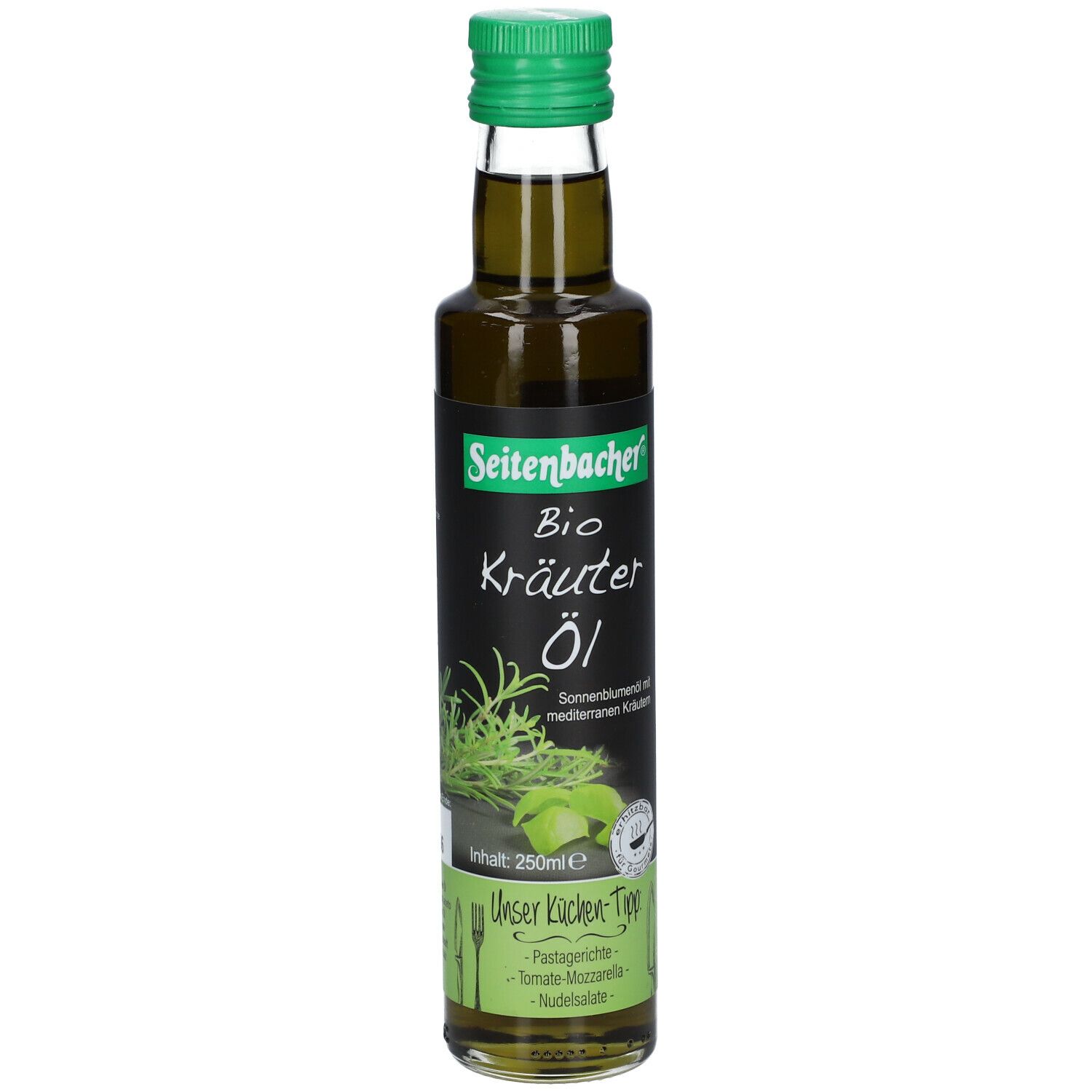 Grüne Glasflasche mit grünem Deckel. Etikett mit "Seitenbacher Bio Kräuteröl".