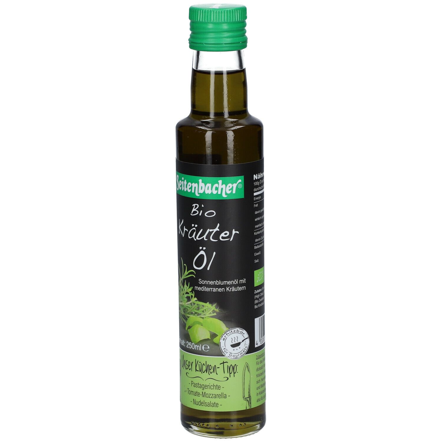 Grüne Glasflasche mit grünem Deckel. Etikett mit "Seitenbacher Bio Kräuteröl".