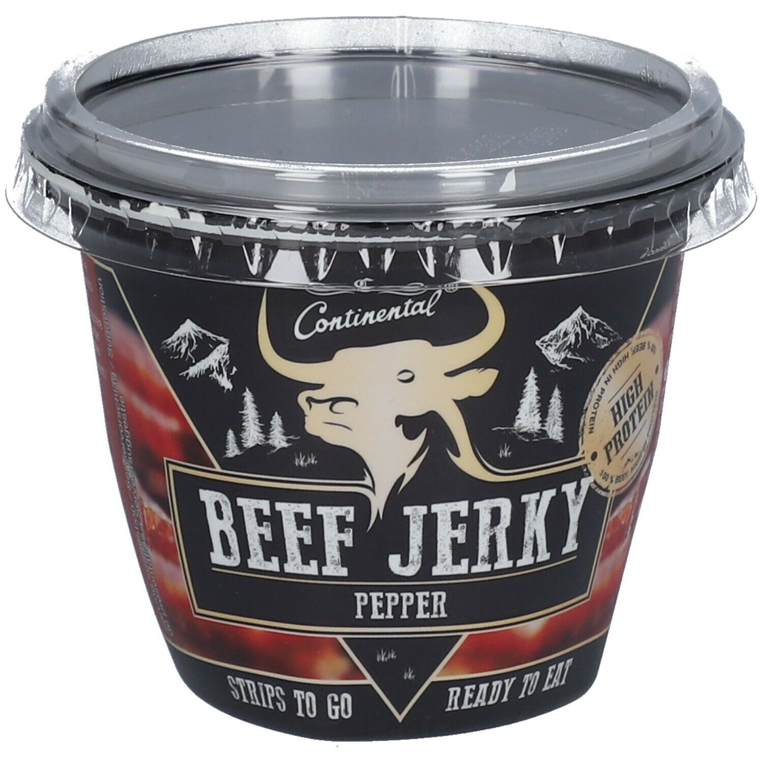 Behälter mit Continental Beef Jerky Pepper. Schwarzer Behälter mit transparentem Deckel. Logo mit Stierkopf und Schriftzug.