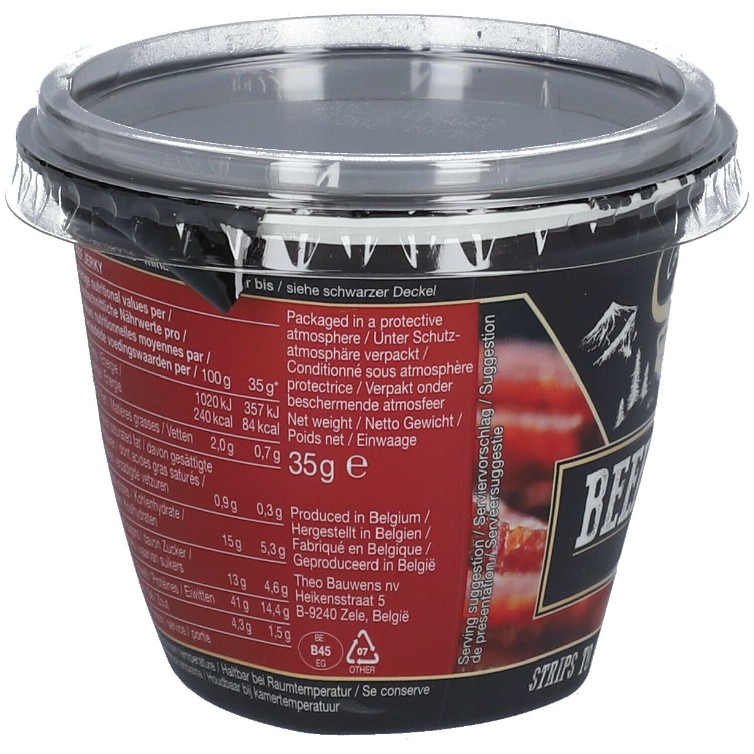 Behälter mit Continental Beef Jerky Pepper. Rückseite mit Nährwertangaben und Inhaltsstoffen. Schwarzer Behälter mit transparentem Deckel.