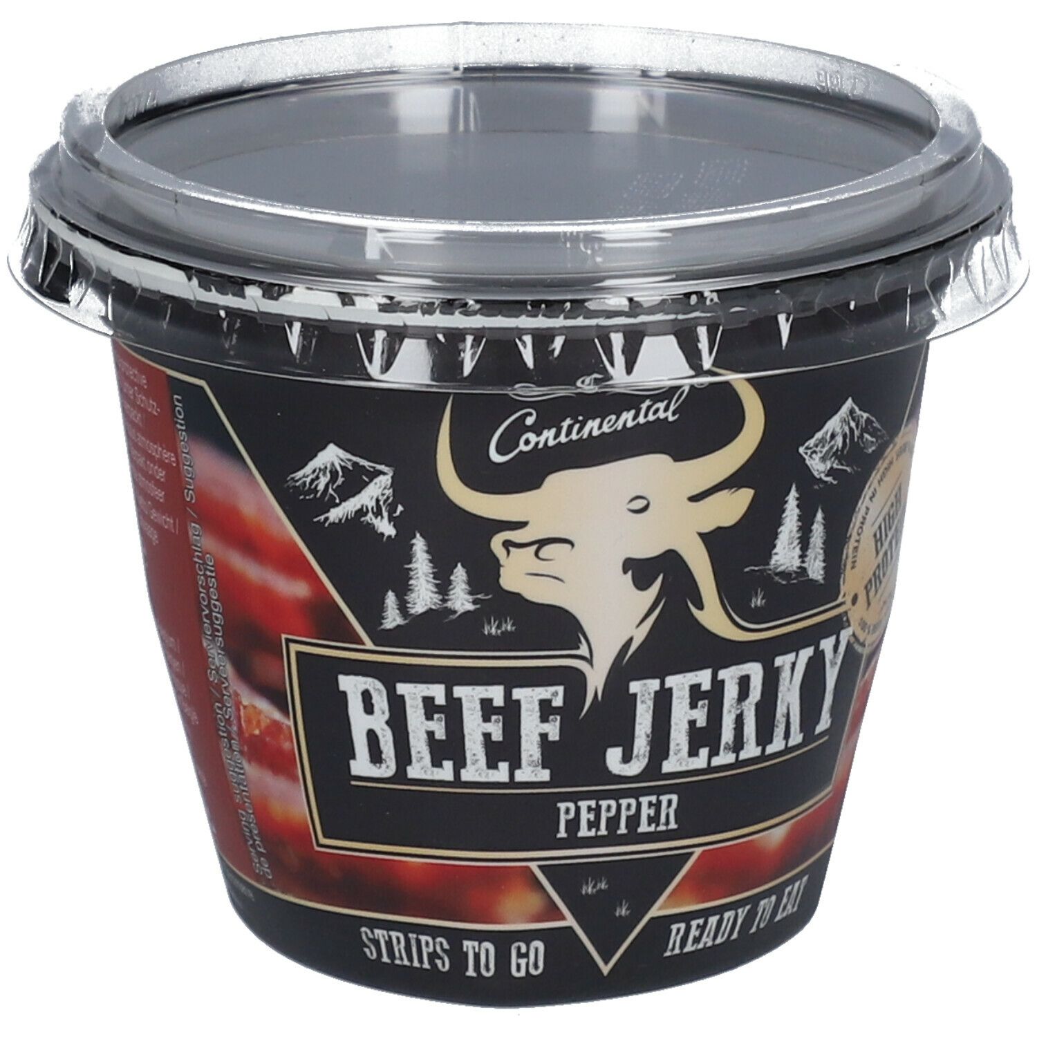 Behälter mit Continental Beef Jerky Pepper. Schwarzer Behälter mit transparentem Deckel. Logo mit Stierkopf und Schriftzug.