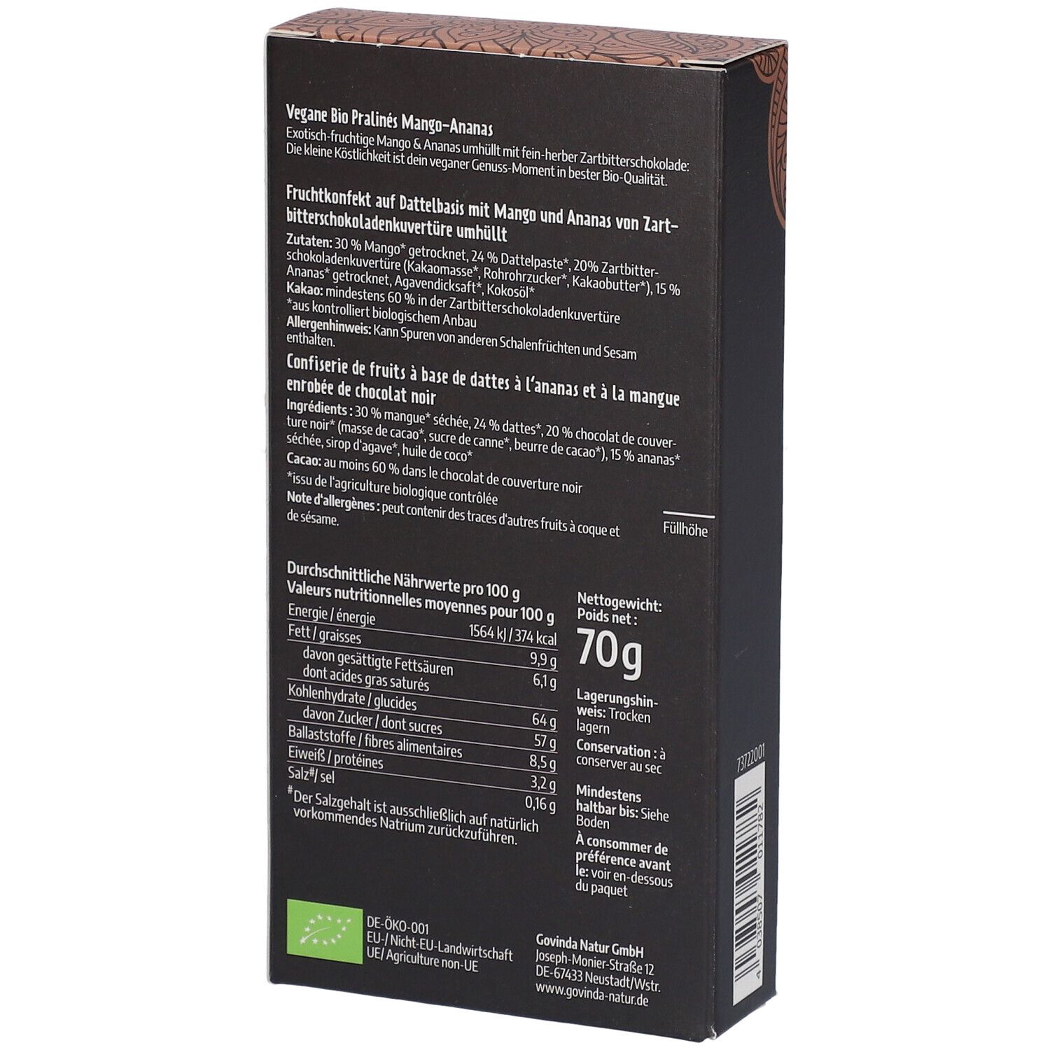 Rückseite der Verpackung von Govinda Vegane Bio Pralinés Mango-Ananas. Text mit Zutaten, Nährwerten und Bio-Siegel.