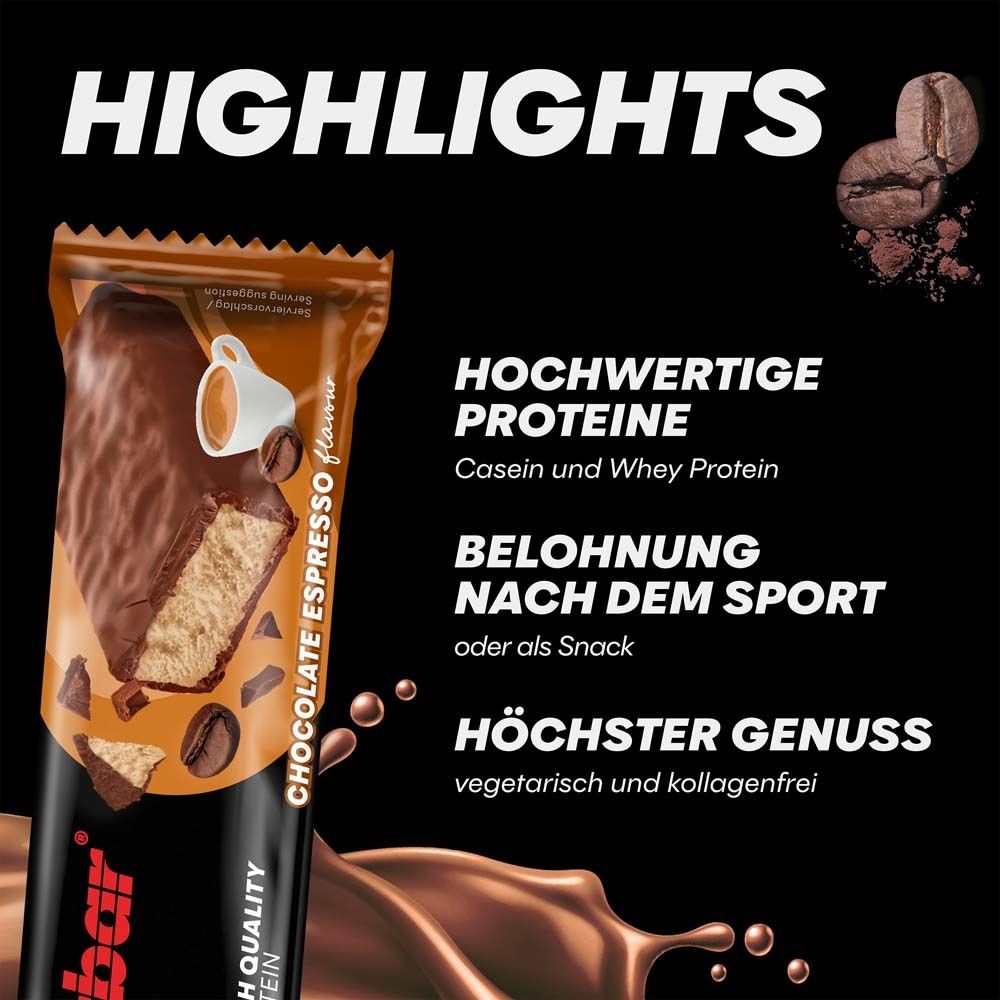 Powerbar Protein+ Riegel. Text: Highlights. Hochwertige Proteine, Belohnung nach dem Sport, höchster Genuss.