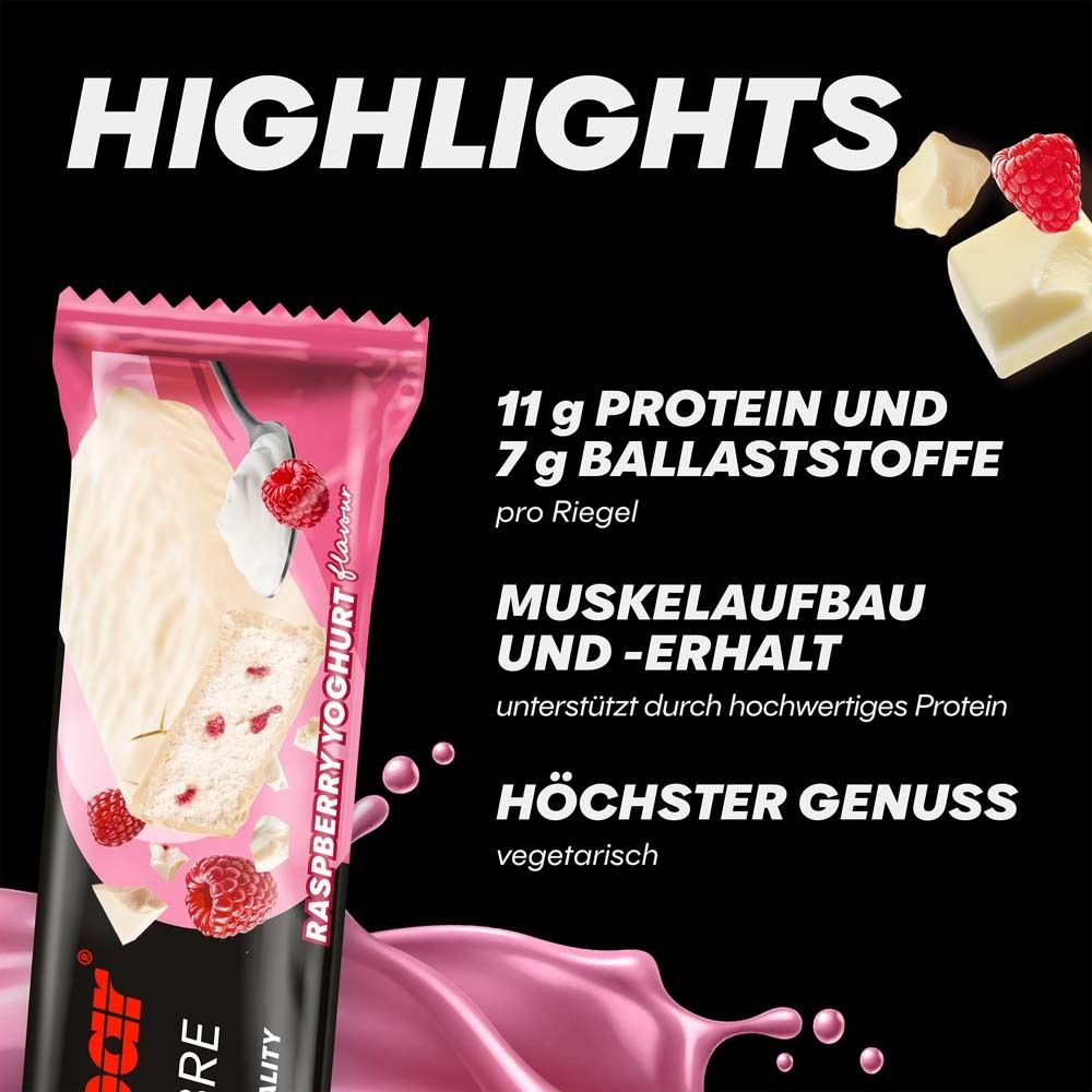 Powerbar Protein+ Fibre Riegel. Himbeer-Joghurt-Geschmack. Rosa Verpackung. Text: 11g Protein, 7g Ballaststoffe.