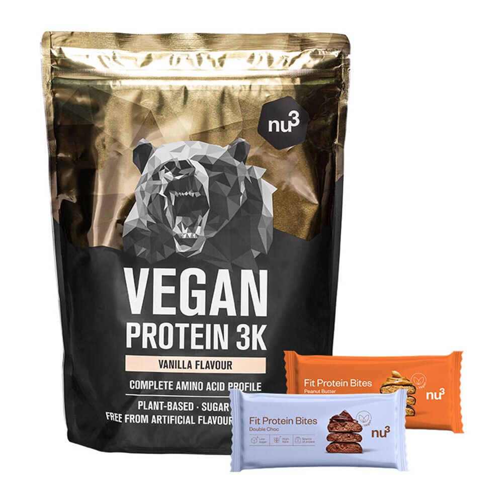 nu3 Vegan Protein 3K Shake, Vanille + nu3 Fit Protein Bites Peanut Butter + nu3 Fit Protein Bites Double-Choc