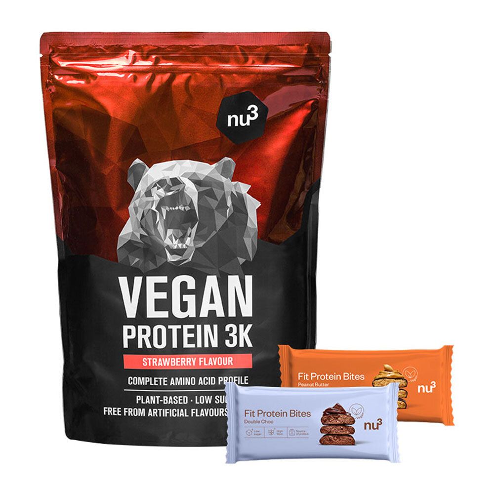 nu3 Vegan Protein 3K Shake, Fraise + Fit Protein Bites Peanut Butter + Fit Protein Bites Double-Choc