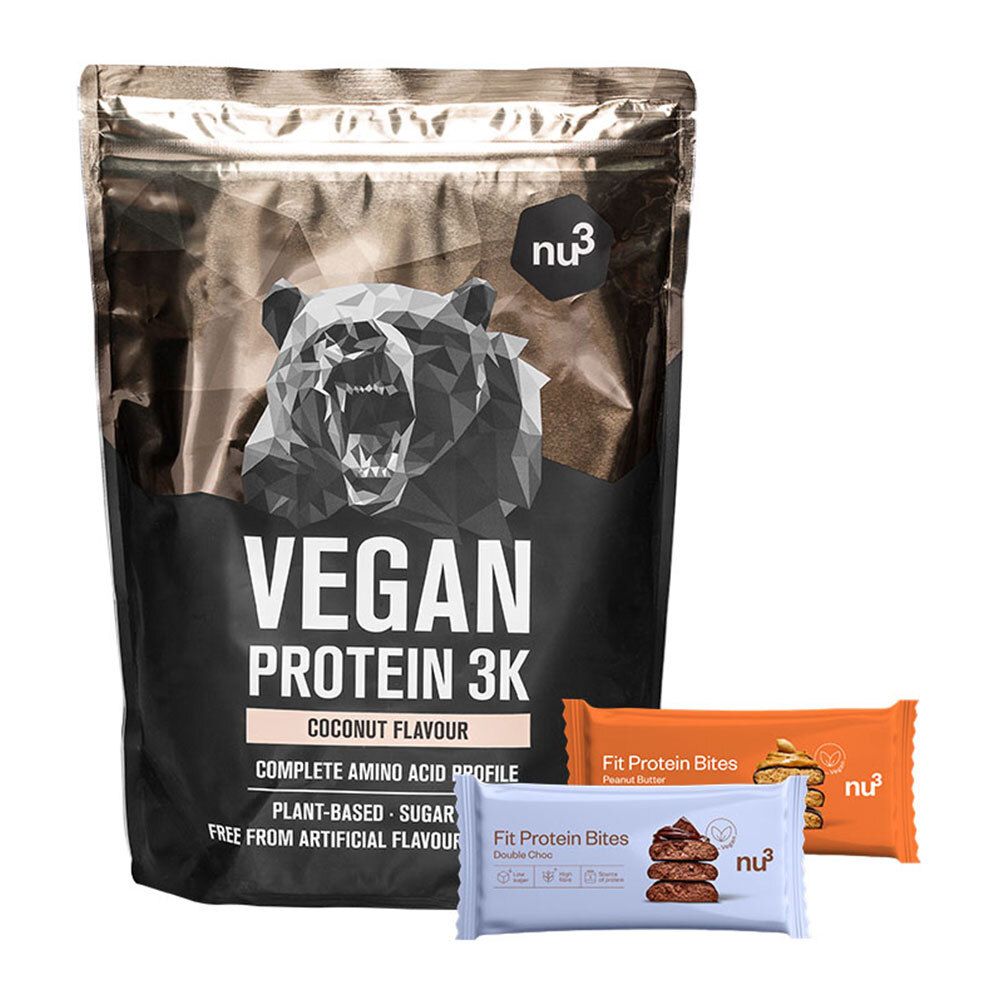nu3 Vegan Protein 3K Shake, Coconut + Fit Protein Bites Peanut Butter + Fit Protein Bites Double-Choc