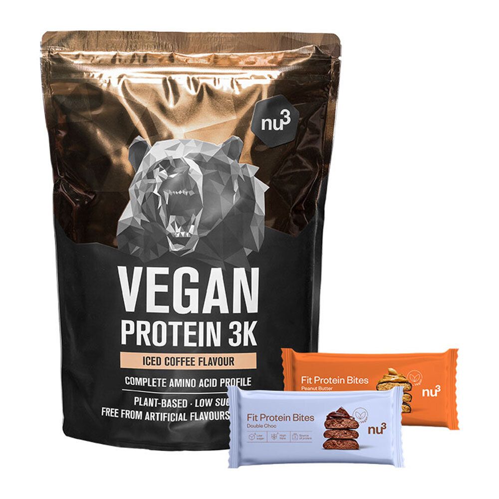 nu3 Vegan Protein 3K Shake, Iced Coffee + Fit Protein Bites Peanut Butter + Fit Protein Bites Double-Choc