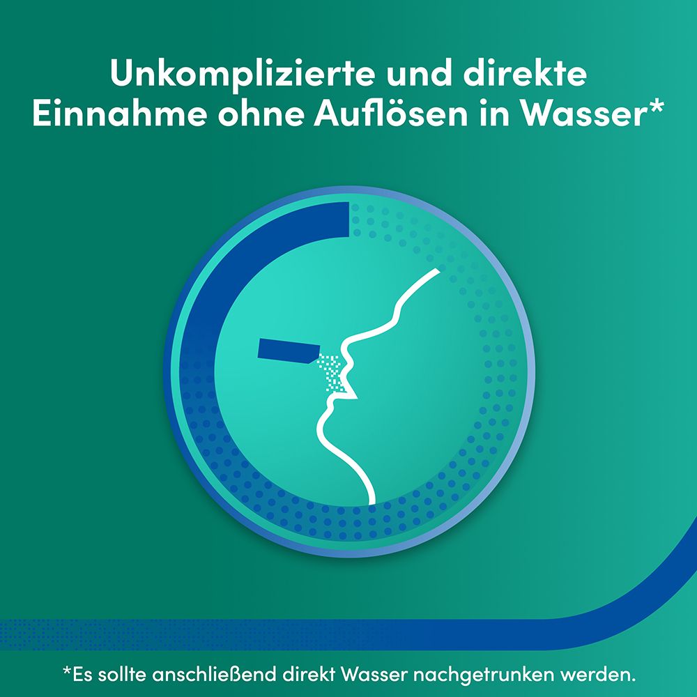 Grafik: Granulat wird direkt in den Mund gegeben. Text: Unkomplizierte und direkte Einnahme ohne Auflösen in Wasser.