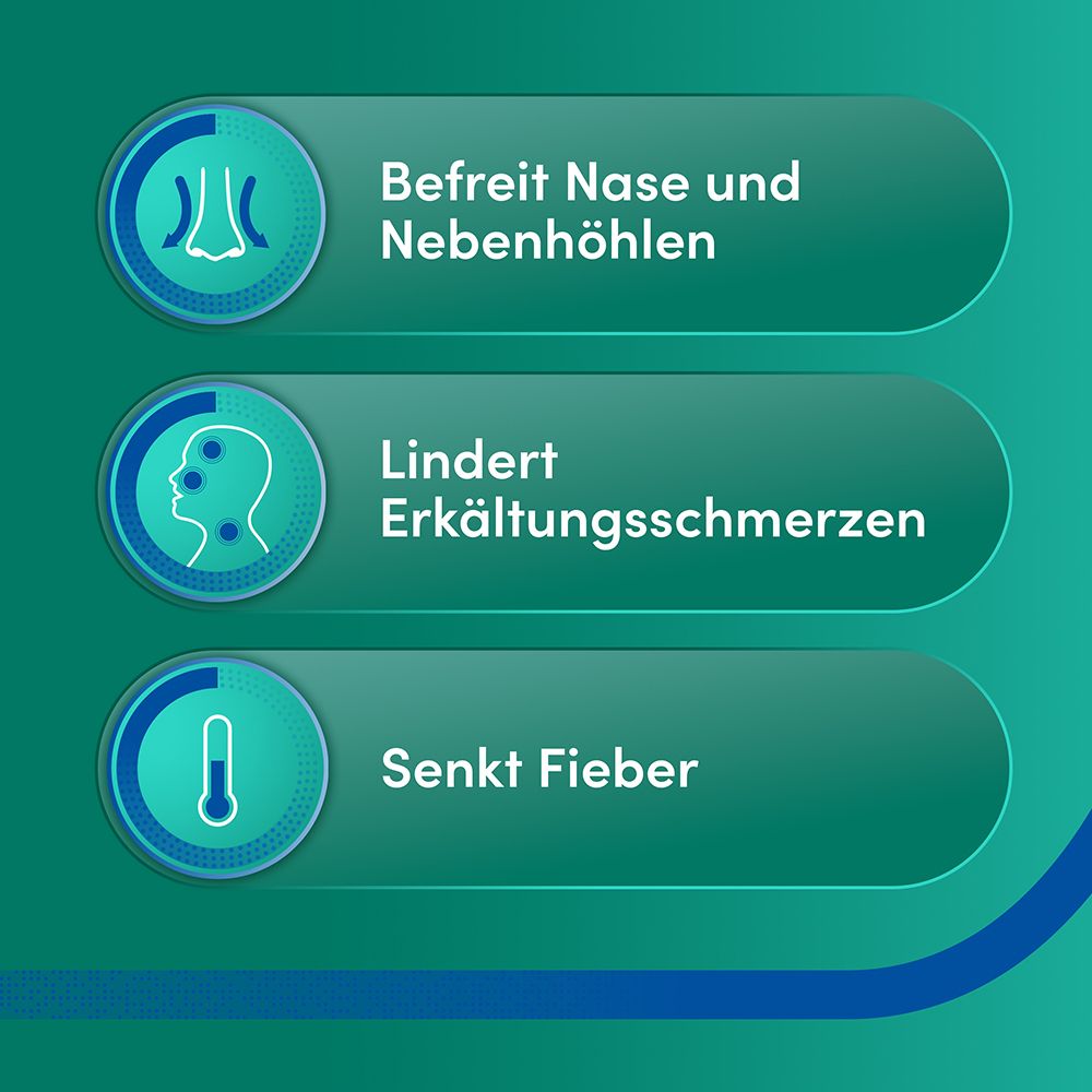 Drei Icons: Nase, Kopf mit Schmerzpunkten, Thermometer. Text: Befreit Nase und Nebenhöhlen, Lindert Erkältungsschmerzen, Senkt Fieber.