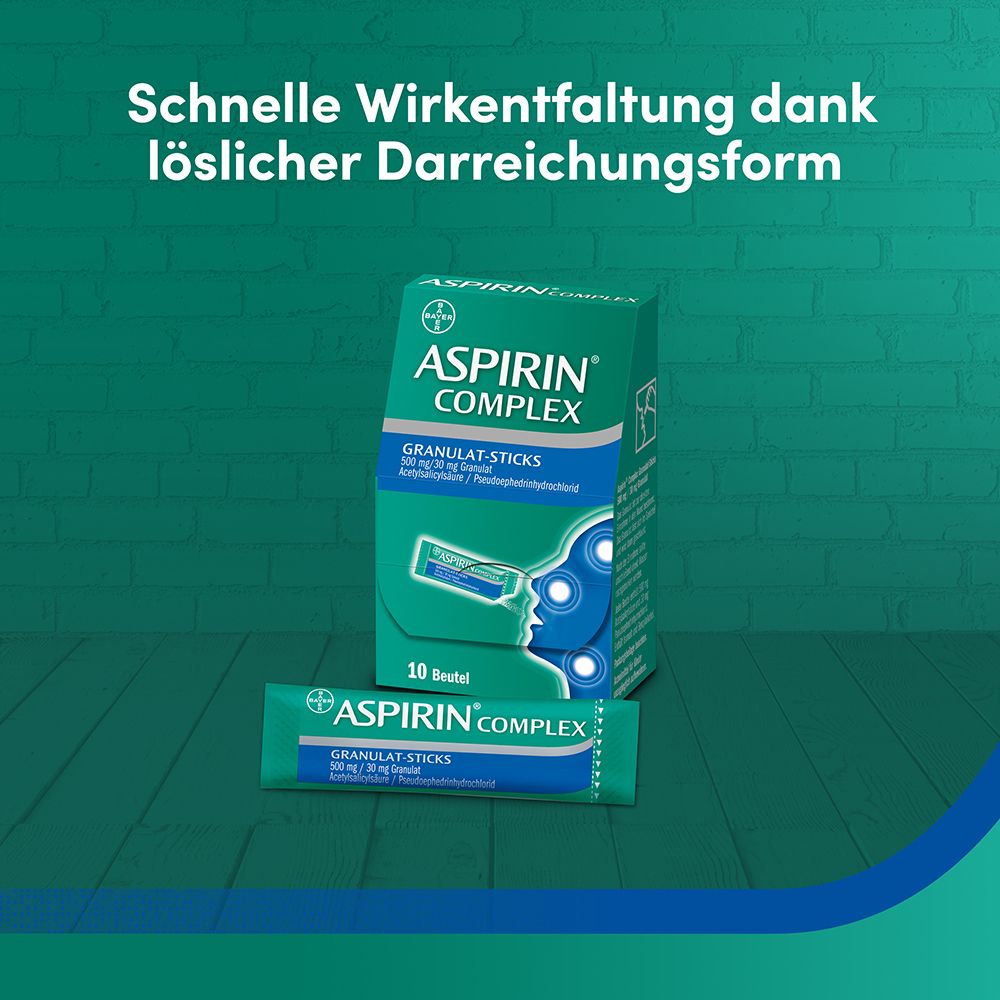 Packung und einzelner Beutel ASPIRIN® COMPLEX Granulat-Sticks. Text: Schnelle Wirkentfaltung dank löslicher Darreichungsform.