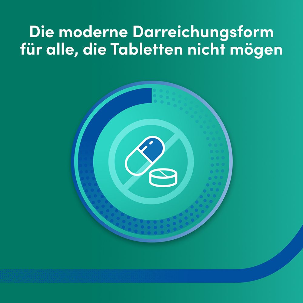 Grafik: Durchgestrichene Tablette und Kapsel. Text: Die moderne Darreichungsform für alle, die Tabletten nicht mögen.