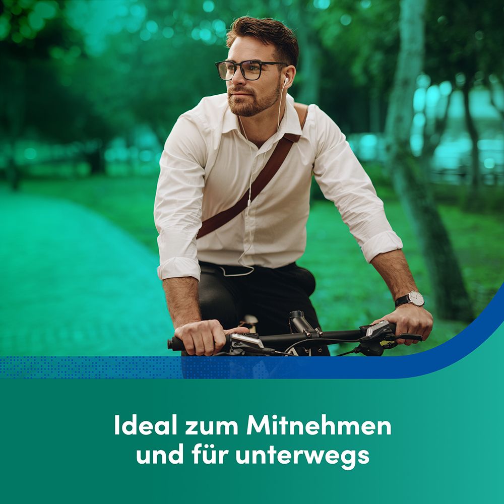Mann auf Fahrrad mit Kopfhörern. Text: Ideal zum Mitnehmen und für unterwegs.