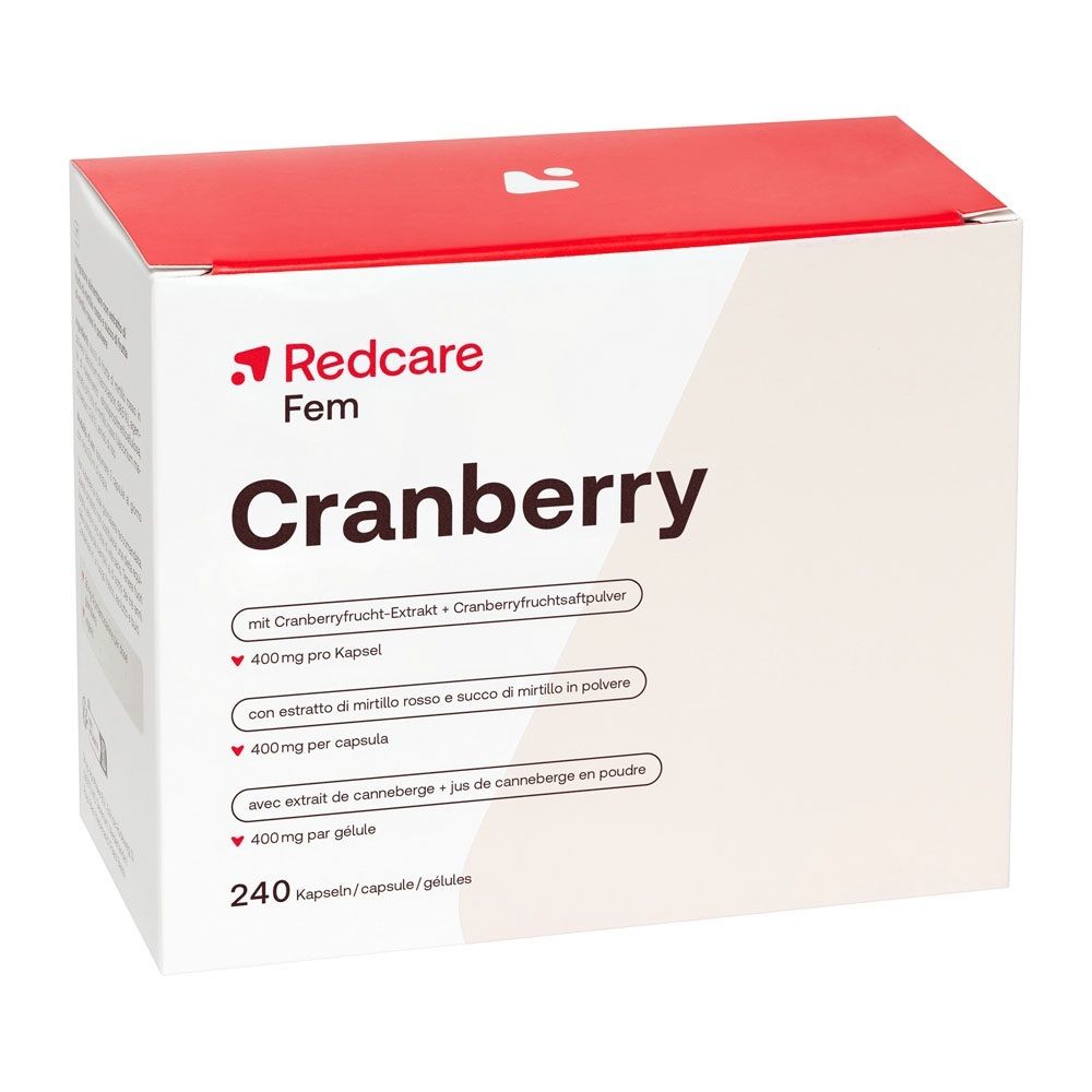 Seitenansicht einer Packung Redcare Vita Cranberry Kapseln mit detaillierten Inhaltsstoffangaben.
