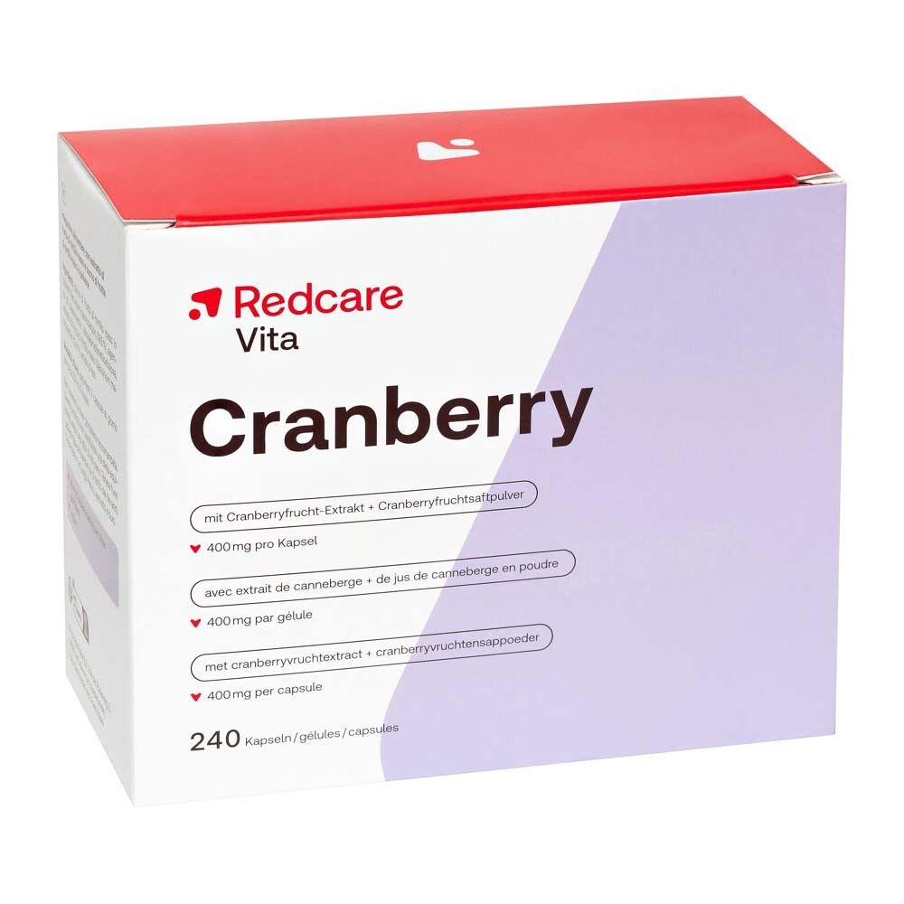 Vorderseite einer Packung Redcare Vita Cranberry Kapseln, 240 Stück.