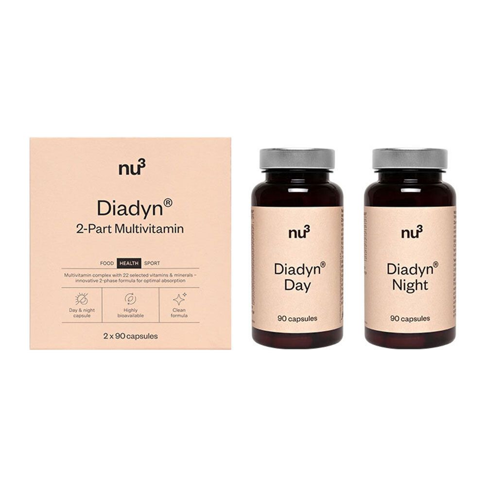 Boîte et deux flacons. Inscription: nu3 Diadyn 2-Part Multivitamin. Contient 2 x 90 gélules.